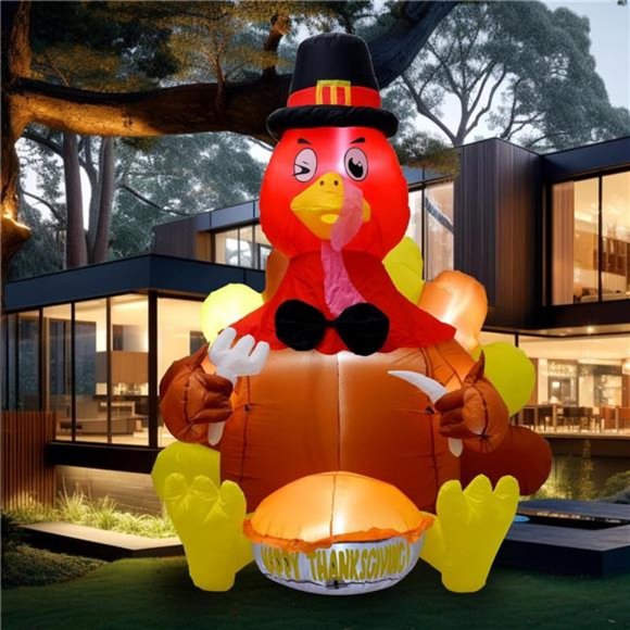 6FT Thanksgiving Inflatable Turkey Decoration with 7 Build in LED Blow up
